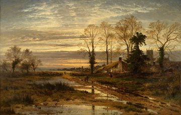 Oil painting of a landscape with a house and peope in the distance. The ground is wet and there are large puddles on the ground after the rain.