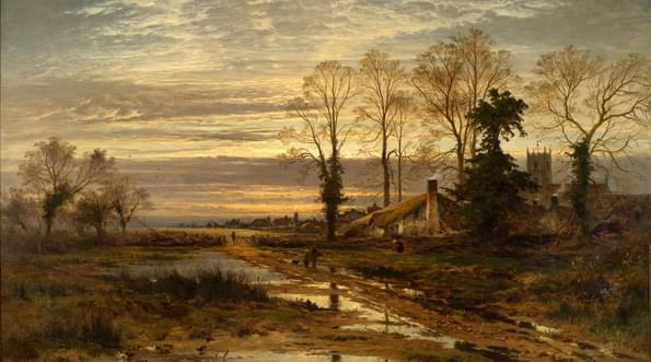 Oil painting of a landscape with a house and peope in the distance. The ground is wet and there are large puddles on the ground after the rain.