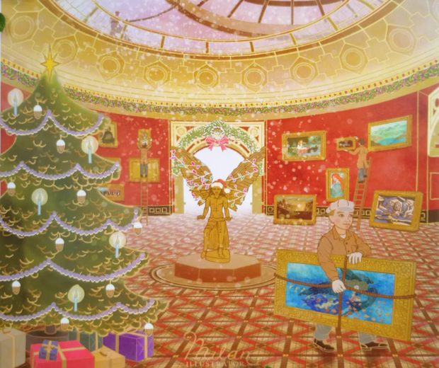 Illustration of the Round Room decorated for Christmas