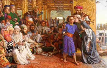 Oil painting of a Christ as a child with his parents on the right surrounded by rabbis who have been listening to him.