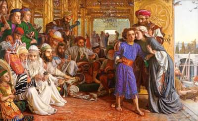 Oil painting of a Christ as a child with his parents on the right surrounded by rabbis who have been listening to him.