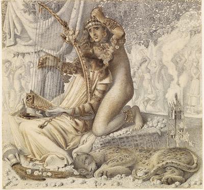 A pen drawing with black and brown ink over of pencil. It depicts two figures, one is lying with eyes closed with a harp is his lap. The other figure is behind and is playing the harp.