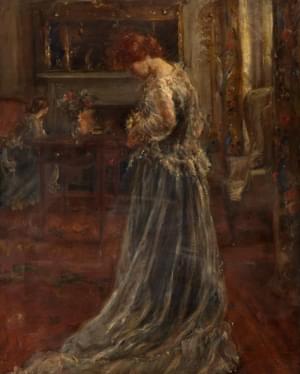 A full length painting of a female, she is turned 3/4 to the back. She is in a room and wears a long dress.