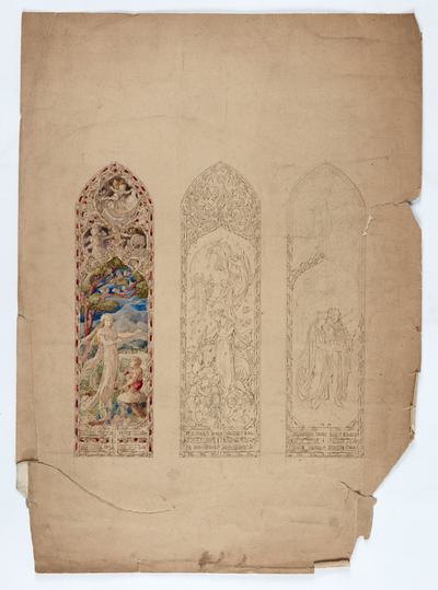 Design for a stained-glass window with three panels. The left hand panel depicts Puck presenting a flower to Titania. The central light depicts Titania with a donkey, and the third light depicts a wedding. Only the first light is coloured and the third is incomplete.