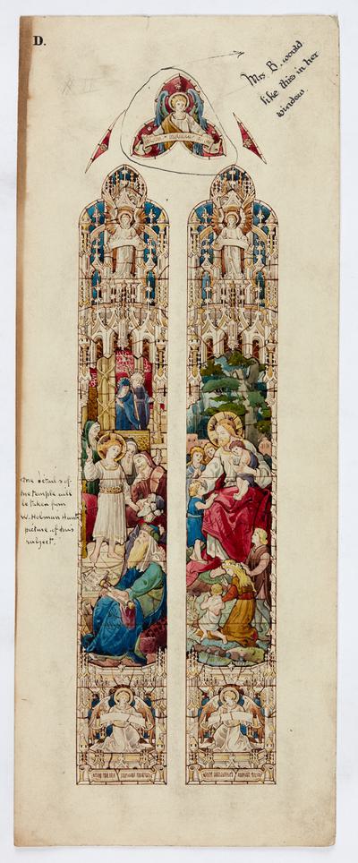 Design on paper for a stained-glass window with two panels and a small trefoil above. The left panel shows Christ as a child he is teaching a group of people, with Mary and Joseph in the background. The right panel shows the adult Christ blessing a group of young children. There are angels at the top and bottom of each panel and in the trefoil.