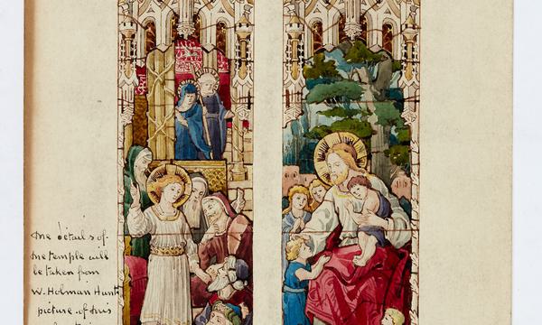 Design on paper for a stained-glass window with two panels and a small trefoil above. The left panel shows Christ as a child he is teaching a group of people, with Mary and Joseph in the background. The right panel shows the adult Christ blessing a group of young children. There are angels at the top and bottom of each panel and in the trefoil.