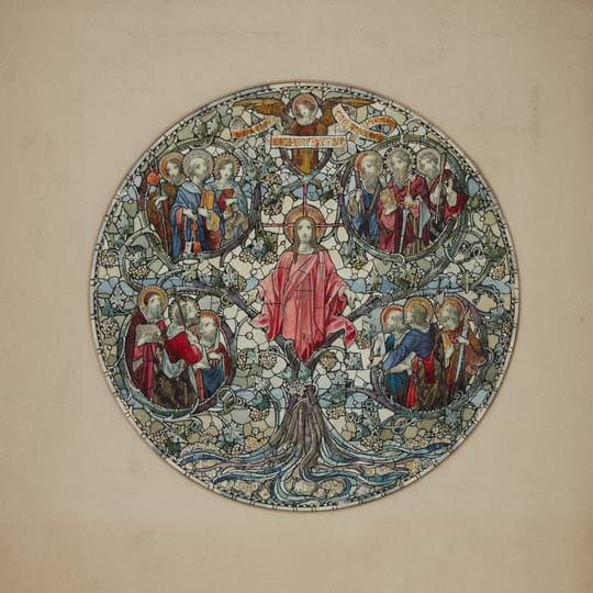 Design for a stained glass window. There is a circular window with Christ in the centre. He is emerging out of a tree. and the branches encircle four groups of three disciples.