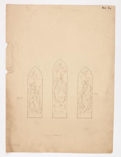 Design for a stained glass window with three panels. The design is sketchy, uncoloured and incomplete. The central light depicts Christ teaching. The left-hand light depicts a woman and child, and the right hand light depicts a seated Maori man holding a staff.