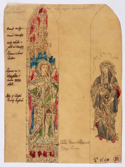 Design on paper for a stained-glass window with two window panels. The left panel features St Michael, who is wearing armour and holding a sword. The right panel is incomplete and features St Hilda, who is wearing nun’s robes and holding a book and staff. There are annotations around the drawings.