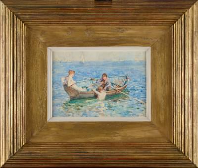 A large gold frame frames a small painting featuring two young men in a small boat with another man in the blue sea.