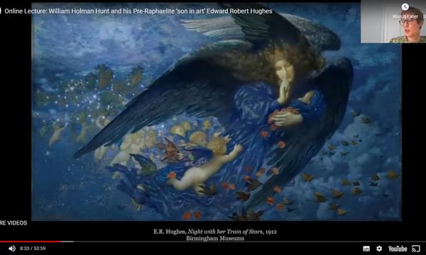 Screenshot of video presentation featuring the Night and her Train of Stars by Edward Robert Hughes