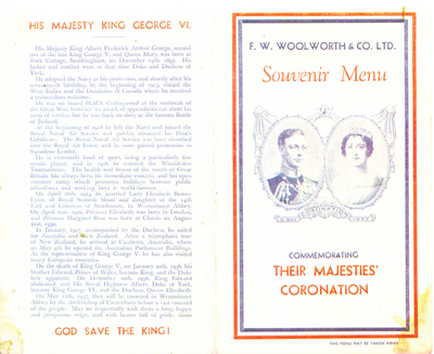 Front cover and back cover of a souvenir menu for the coronation of George VI and his wife