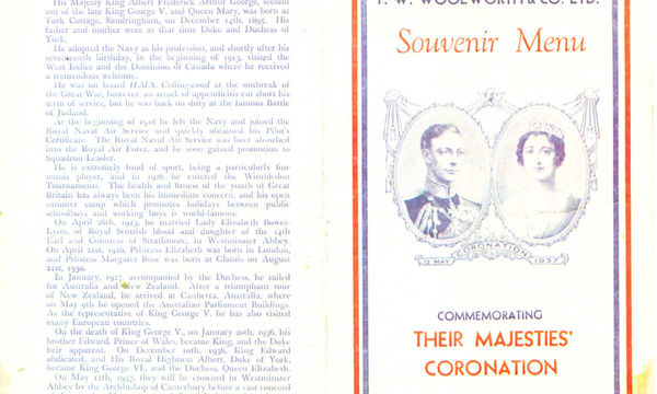 Front cover and back cover of a souvenir menu for the coronation of George VI and his wife