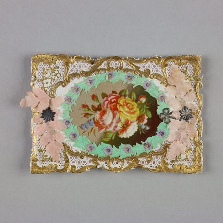 Ornate vintage card featuring vibrant roses, lace patterns, pastel flowers, and gold accents.