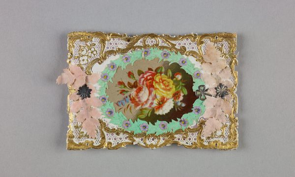 Ornate vintage card featuring vibrant roses, lace patterns, pastel flowers, and gold accents.
