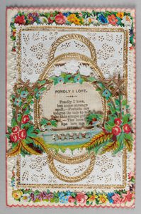 Victorian Valentine card with floral borders, golden accents, and a poetic love message in the centre.