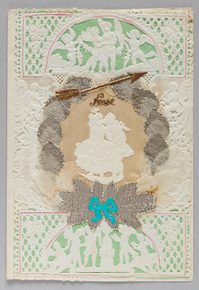 Intricate vintage Valentine card with lace, dancing couple, cherubs, arrow, and blue ribbon bow.
