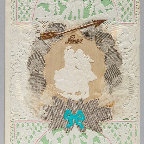 Intricate vintage Valentine card with lace, dancing couple, cherubs, arrow, and blue ribbon bow.