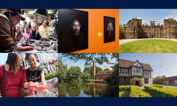 Collage of three historic buildings, gallery exhibition and people.