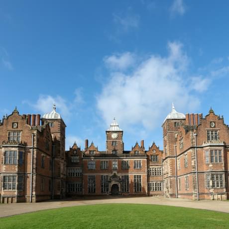 Front view of brick-built Jacobean hall