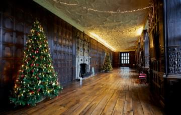 Jacobean wood-panelled Long Gallery with leaded windows, ornate fireplace and plaster ceiling. Decorated with two large Christmas trees.