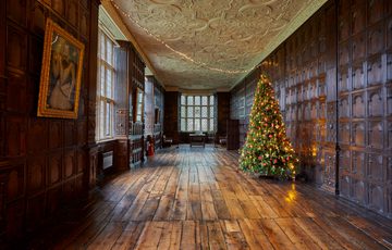 Jacobean wood-panelled Long Gallery with leaded windows, ornate fireplace and plaster ceiling. Decorated with two large Christmas trees.