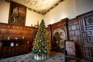 A decorated Christmas tree in a grand hall with wood panelled walls and paintings on the wall.