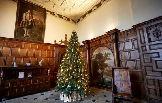 A decorated Christmas tree in a grand hall with wood panelled walls and paintings on the wall.