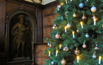 Close up of a decorated Christmas tree with wood panelled walls and paintings behind.