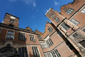 Exterior view looking up at a Jacobean Hall.