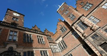 Exterior view looking up at a Jacobean Hall.