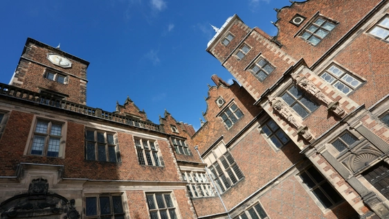 Exterior view looking up at a Jacobean Hall.