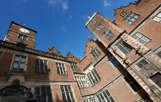 Exterior view looking up at a Jacobean Hall.
