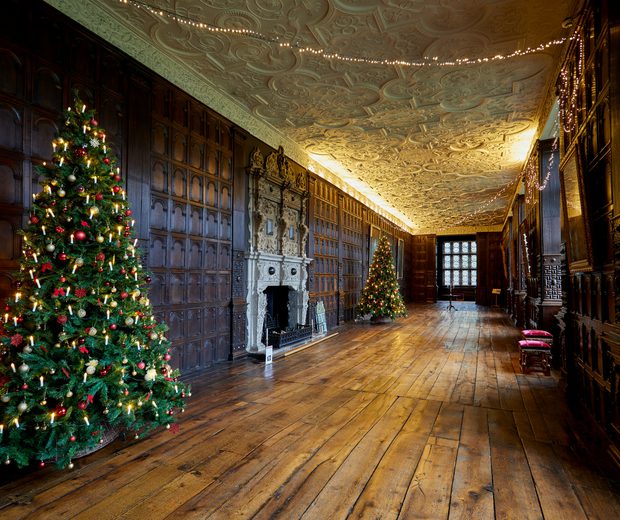 Jacobean wood-panelled Long Gallery with leaded windows, ornate fireplace and plaster ceiling. Decorated with two large Christmas trees.