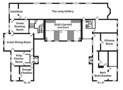 Floor plan of the first and second floor of Aston Hall including rooms such as king charles room, great dining room, long gallery, bed chambers and Dick's Garett