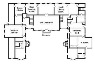 Ground floor plan of Aston Hall featuring rooms including the Great Parlour, kitchen, servants hall, small dining room, best drawing room and green library.