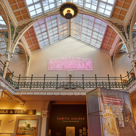 The Industrial Gallery ceiling with large neon sign that says 'Made in Birmingham'.
