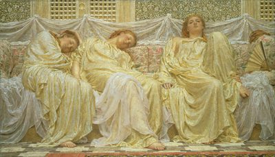 A painting with 4 ladies sitting down and sleeping in a row.