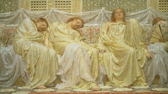 A painting with 4 ladies sitting down and sleeping in a row.