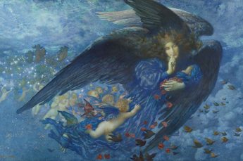 A winged angel in blue cradles a child while cherubs fly nearby under a mystical sky.