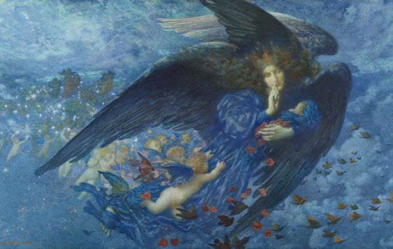 A winged angel in blue cradles a child while cherubs fly nearby under a mystical sky.