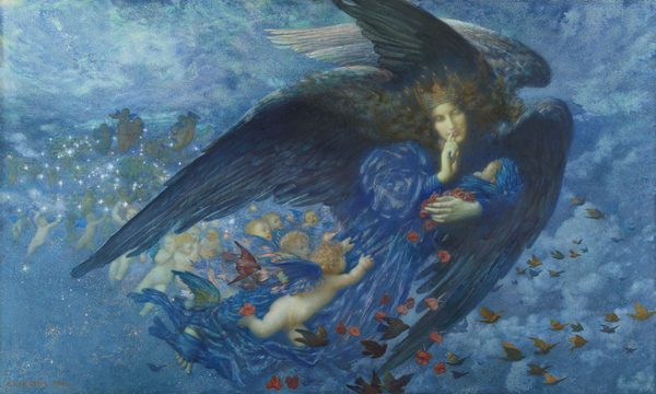 A winged angel in blue cradles a child while cherubs fly nearby under a mystical sky.