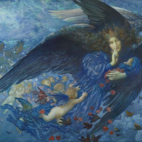 A winged angel in blue cradles a child while cherubs fly nearby under a mystical sky.