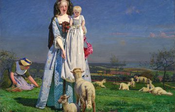 A painting of a lady holding a baby while in a field surrounded by lambs.