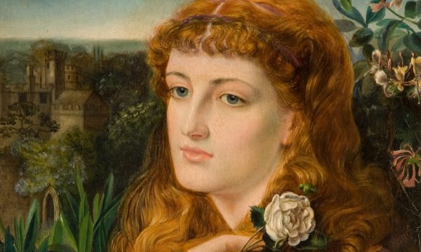 A contemplative woman with flowing red hair holds a white rose amid lush greenery.