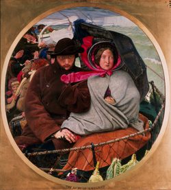 A painting of a man and women sitting on a boat, holding hands. The man holds and umbrella and the lady is holding a baby with is hidden by her shawl. Behind them are other people on the boat and the sea.