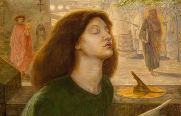 Painting of a woman seated and half length. A bird drops a red poppy on her hands. There are figures in the background.