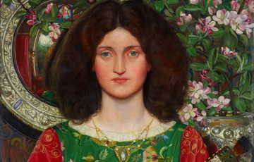 Painting of a female figure with dark hair playing a lute. She wears a green dress with flowers and has red sleeves. In the background is a mirror and vase full of flowers.