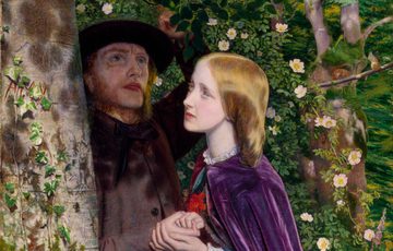 Painting of a man with holding hands with a lady in a forest setting. He stands under a tree and a dog stands at their feet.