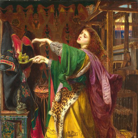 A full length painting of a female in a room. She is wearing a green, yellow and purple robe in layers. She holds a dragon shaped lamp in front her with flames spouting out of it.